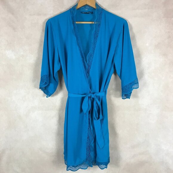 INC Blue Lace Trim Wrap Bath Robe NWOT Size SMALL - Picture 1 of 7
